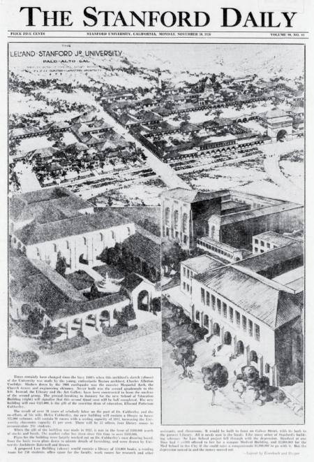 Old copy of The Stanford Daily newspaper showing designs of the education building