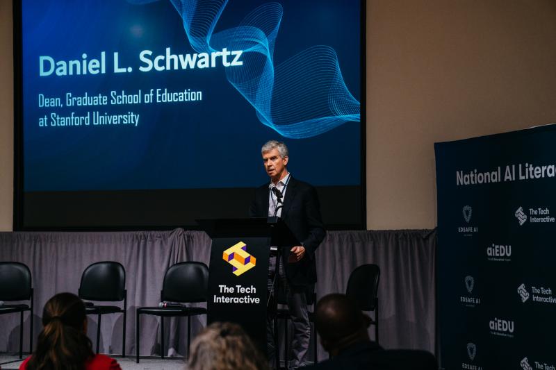 GSE Dean Dan Schwartz addresses the audience at National AI Literacy Day at the Tech Interactive. (Photo: Eloisa Tan, The Tech Interactive)