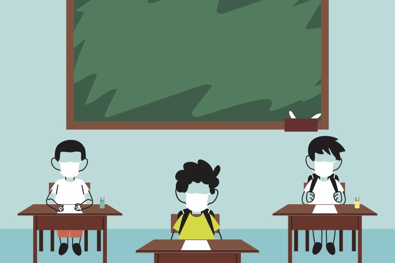 Illustration of school children wearing masks at their desks in a classroom.