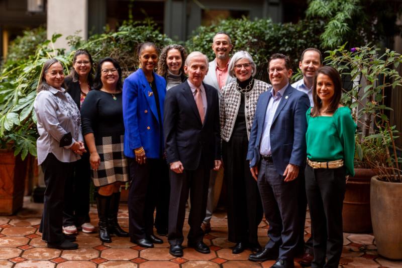 President Richard Saller greeted Sunnyvale School District Superintendent Michael Gallagher (third from right); Professor Ira Lit (second from right), the faculty director of the teacher program; and Ruth Ann Costanzo (fourth from right), STEP director of clinical work, K-12; and their teams. (Image credit: Peggy Propp)