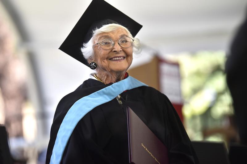 Virginia Hislop beams at the GSE's 2024 commencement ceremony after accepting her master's of arts in education on Sunday, June 16. 