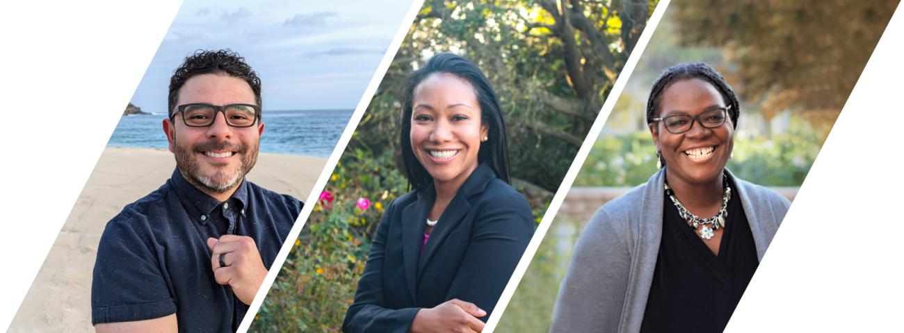 The 2023 Alumni Excellence in Education Award recipients are (from left to right) Marciano Gutierrez, MA '06; Su Jin Jez, MA '06; and Joi Spencer, MA '99.   