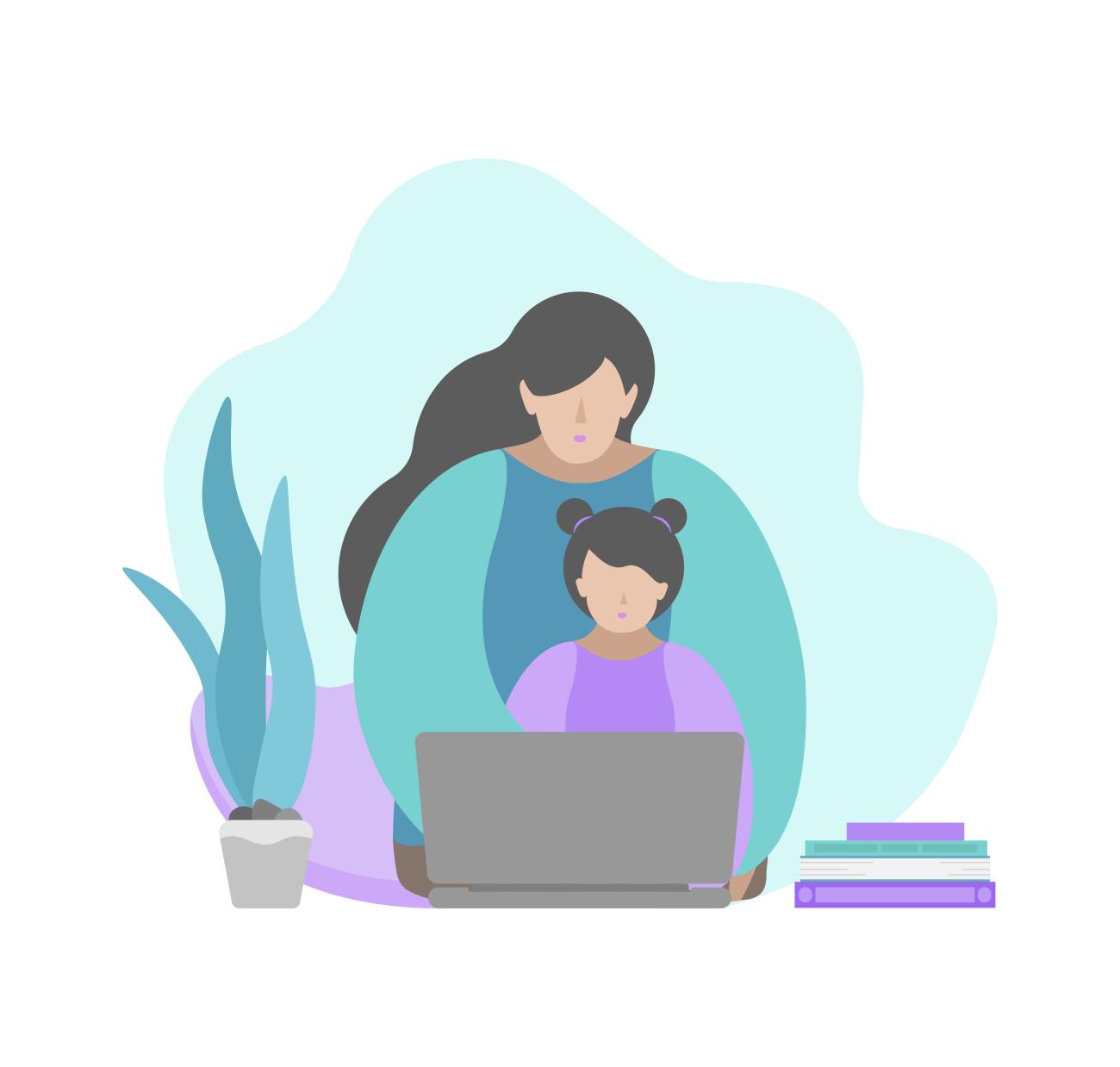 Illustration of a mother and child at computer