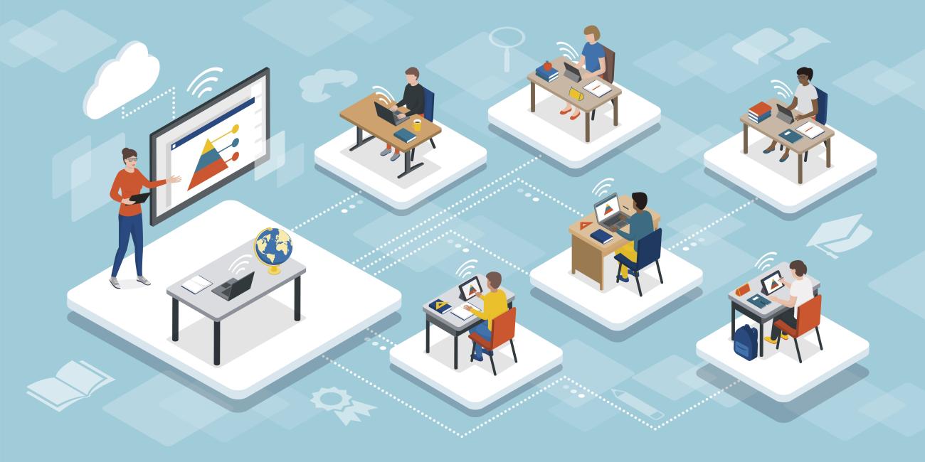 Image of classroom of students on digital devices