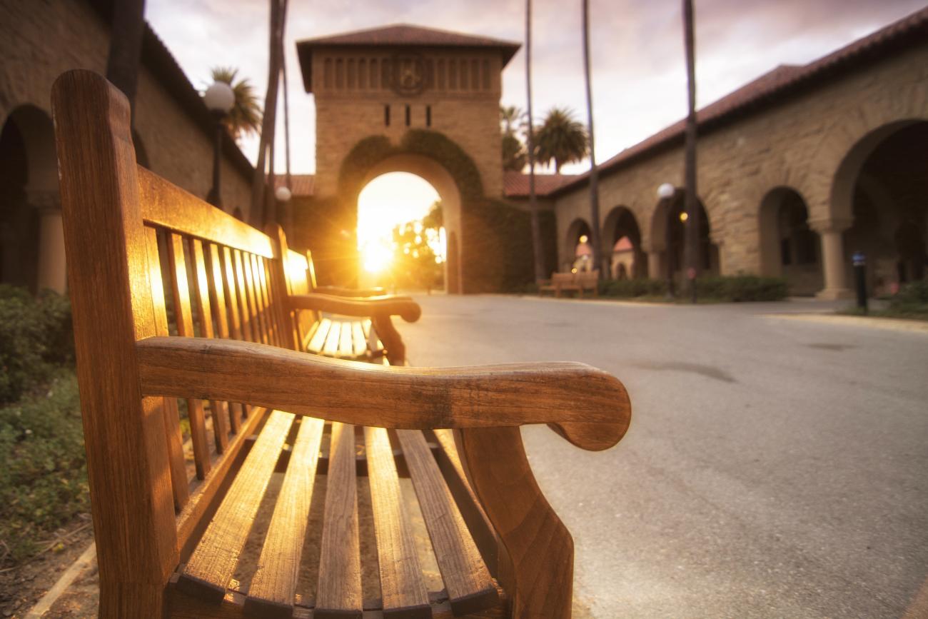 Photo of a bench in the Stanford quad