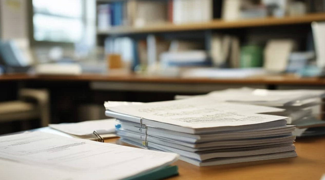Close-up of scientific journals and open research papers
