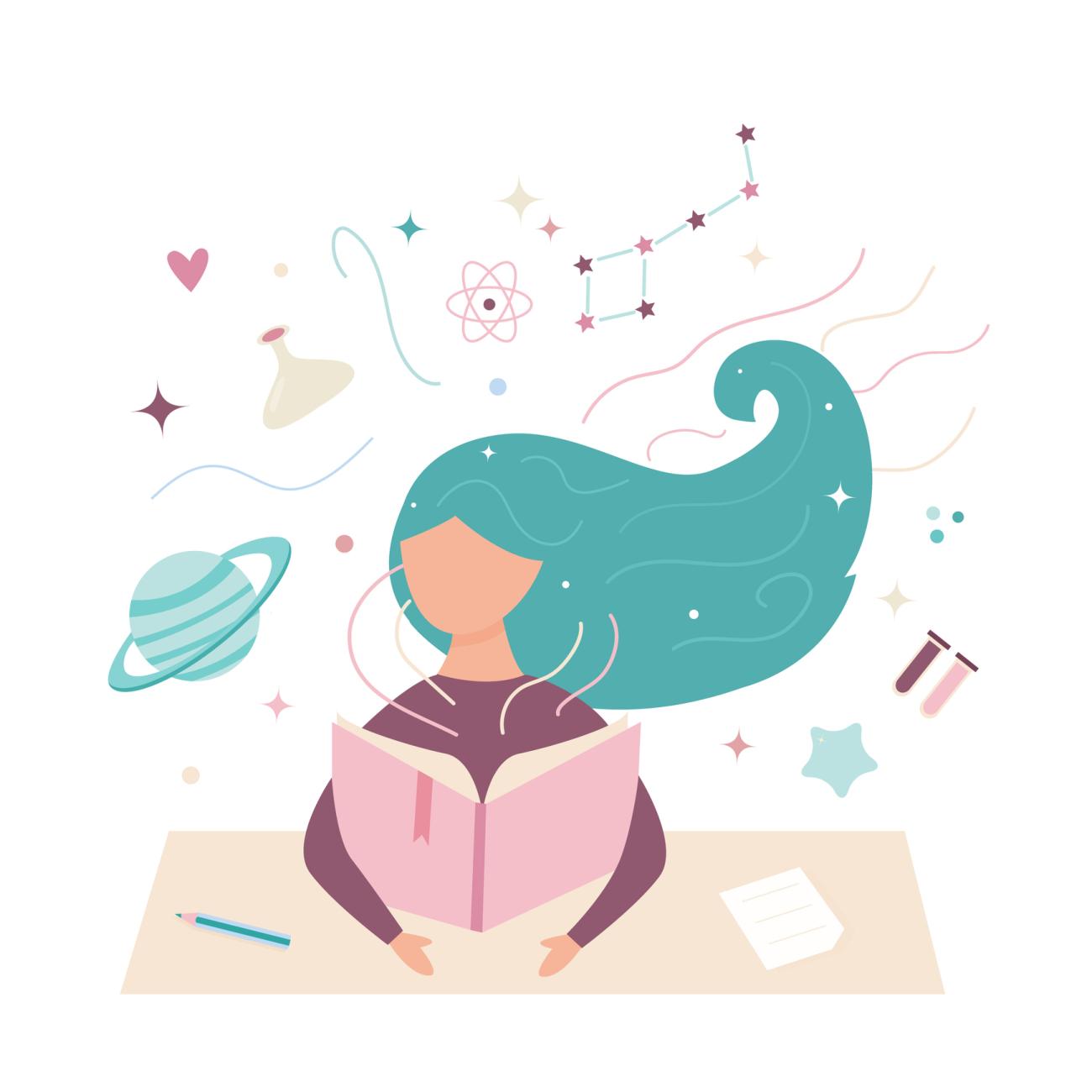 (Illustration: Getty Images) illustration of a girl at a desk with a book and science symbols in the background