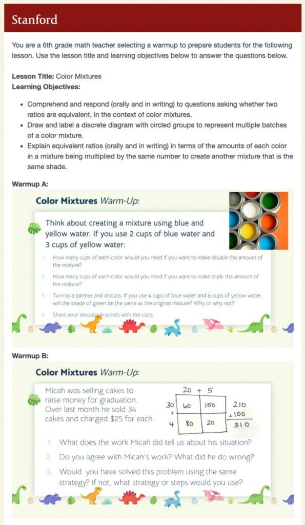 For each of the 10 lessons, evaluators were shown two warmups, one created by an expert and one created in one of our model conditions.