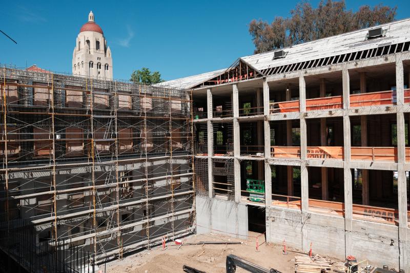 A view of an apparatus constructed to keep the north building's north wall in place while the interior is removed. (Photo: Ryan Zhang)