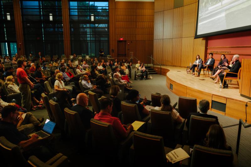 Following the live School's In recording, a panel moderated by Denise Pope (far left) featured Alvin Hong Lee (center left), Valerie Ziegler (center right) and Sam Wineburg (far right) on the topic of AI and digital discernment in education. (Photo: Ryan Zhang)