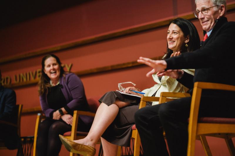 Following the School's In recording, a panel that included Valerie Ziegler (left), Janine Zacharia (center), and Sam Wineburg (right). (Photo: Ryan Zhang)