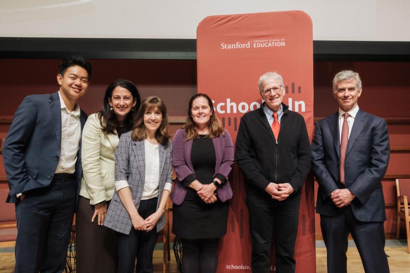 The entire crew of hosts at the 87th Cubberley Lecture included (from left to right) Alvin Lee Hong, Janine Zacharia, Denise Pope, Valerie Ziegler, Sam Wineburg and Dan Schwartz. (Photo: Ryan Zhang)