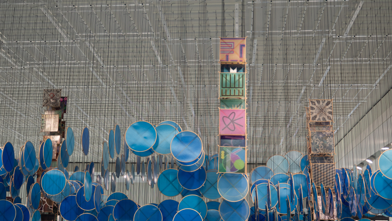 Hashimoto drew inspiration from symbols and shapes found throughout history, like the Dharma wheel and old maps, to show how people understand the world. (Photo: Joleen Richards)