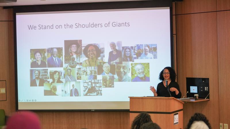 Na'ilah Suad Nasir, president of the Spencer Foundation and a former GSE professor, delivers the keynote at the Ball Lecture. (Photo: Marc Franklin)