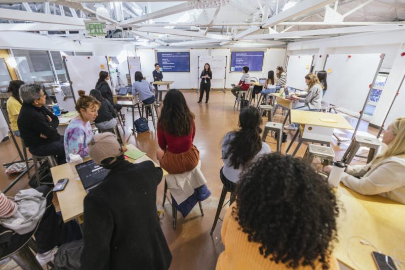 Isabelle Hau addresses students in the Design to Equip Learners in Under-Resourced Communities course at Stanford. (Photo: Andrew Brodhead)