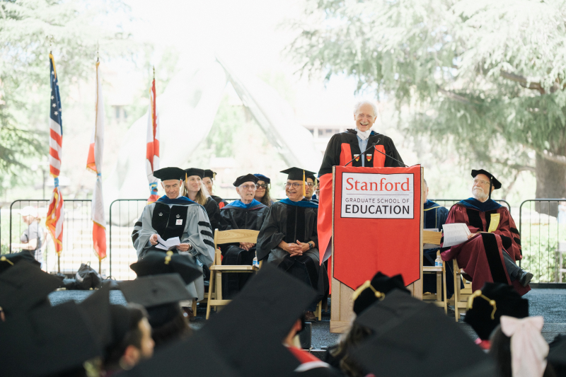 Professor Emeritus Decker Walker delivered the commencement address, sharing highlights of his “checkered career” as a high school teacher, professor, and researcher. (Photo: Ryan Zhang)