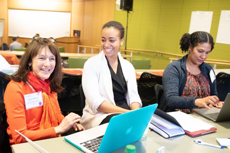 Karen Mathys (left), co-founder of the Women in Data Science Conference at Stanford, is executive director of the Institute for Computational and Mathematical Engineering. Daphne Martschenko (center) is a team lead at the University of Chicago Center for RISC. Estelle Woodbury (right) is a professional learning specialist at youcubed.org.