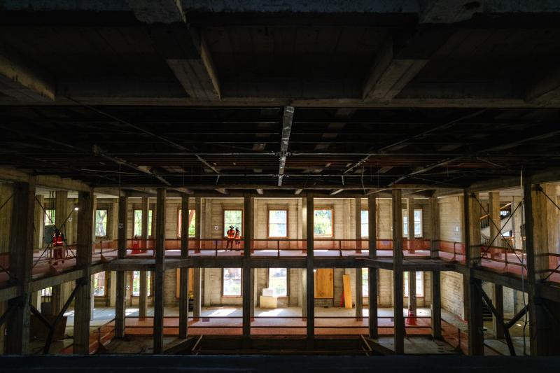 A view of construction looking from the former library across the former auditorium. (Photo: Ryan Zhang)