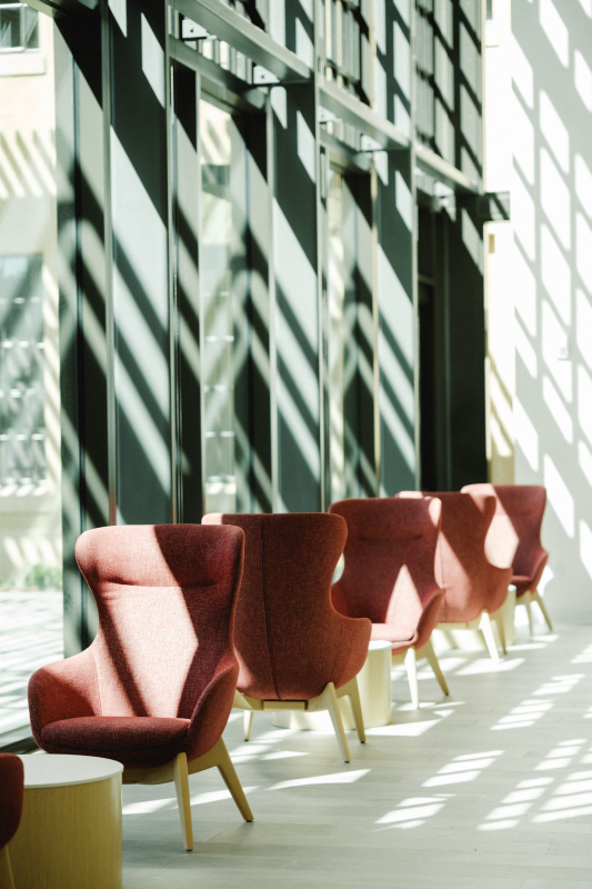 High-back chairs invite students and other to a quiet place to study in the Forum of the ANKO Building at the GSE. (Photo: Ryan Zhang)
