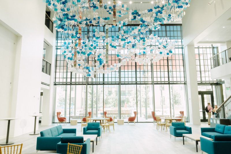 The Forum of the ANKO Building includes a seating area and art installation, The Gravity of the Sun, by Jacob Hashimoto. (Photo: Ryan Zhang)