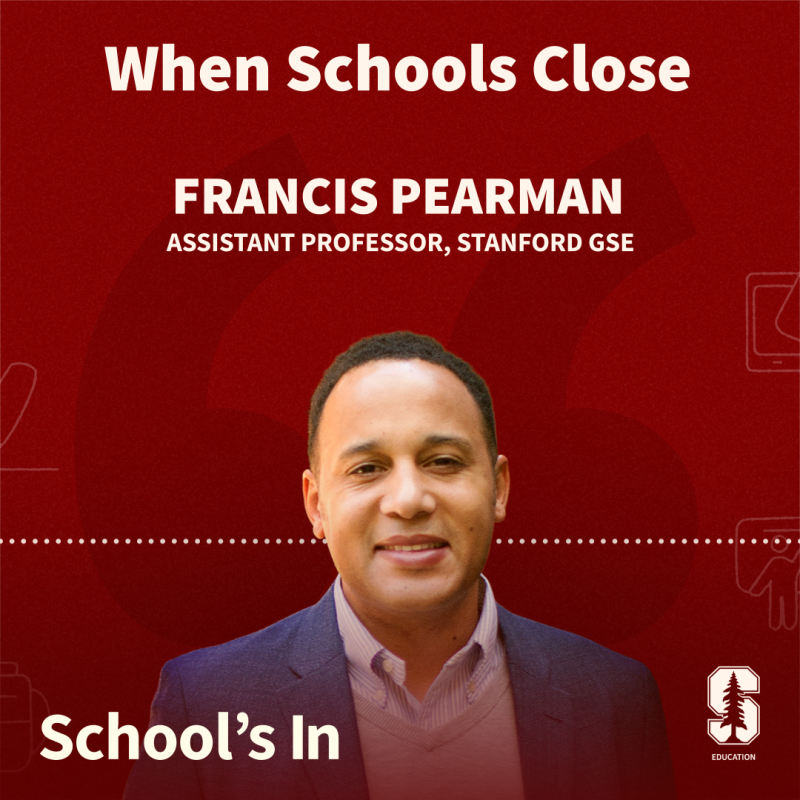 The School's In show tile graphic with a photo of Alvin Pearman and the title "When Schools Close"