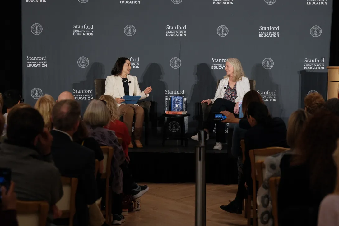 Associate Professor Christine Min Wotipka with novelist Bonnie Garmus at Stanford (Photo: Ryan Zhang) Picture of Christine Min Wotipka with Bonnie Garmus on stage