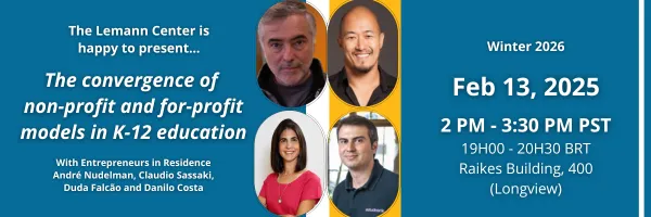 Event card showing four speakers for K-12 education discussion on Feb 13, 2025, 2-3:30 PM at Raikes Building.