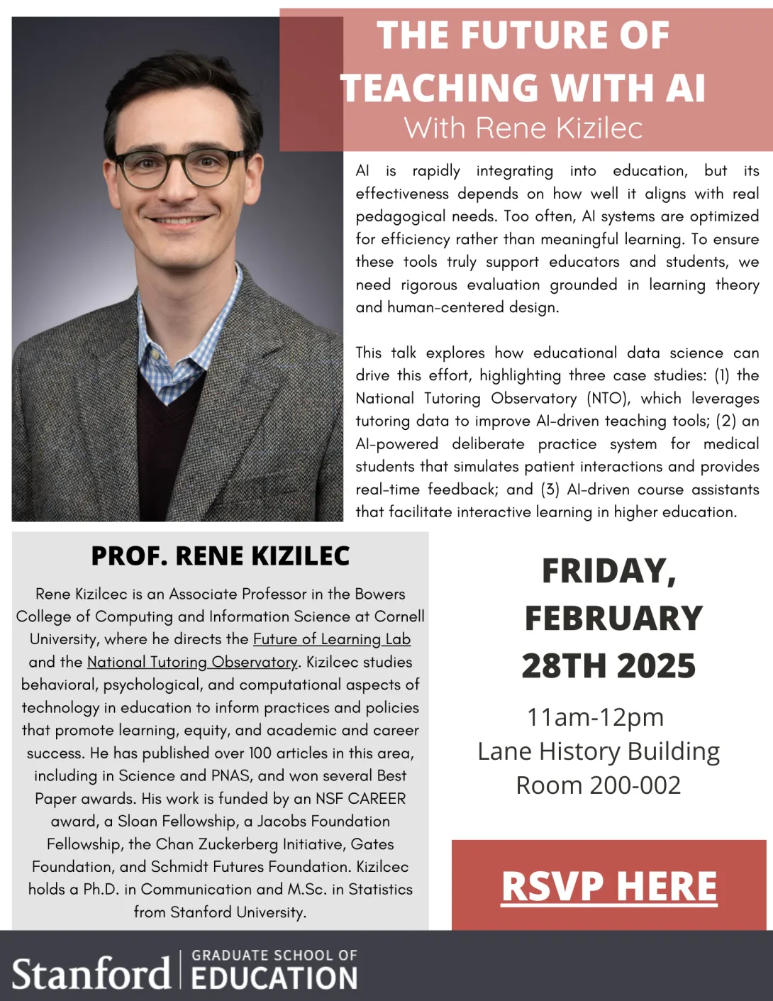 Flyer with event summary, details and a photo of Rene Kizilec.