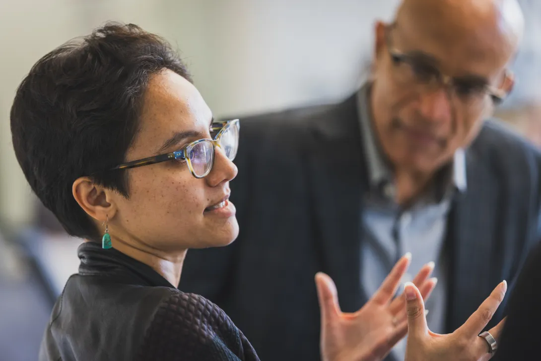 GSE PhD Student Hannah D'Apice (left) shares her ideas with the class. (Photo: Kurt Hickman)