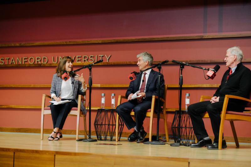 Denise Pope (left), Dan Schwartz (center) and Sam Wineburg (right) host the first-ever live recording of School's In as part of the 87th annual Cubberley Lecture.