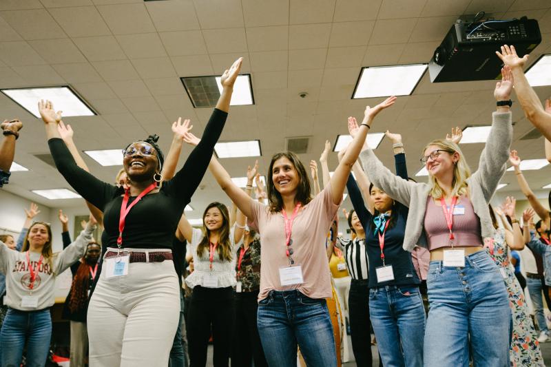Master's students participate in an improv exercise during new student orientation. (Photo: Ryan Zhang)