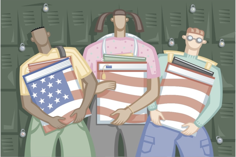 Illustration of students holding textbooks with American flag on them