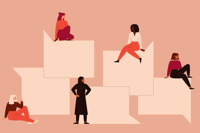 Illustration of women of different cultures sitting on speech bubbles