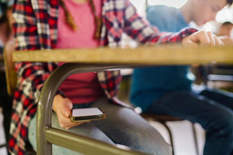 Close-up of unrecognizable teenage girl using cell phone under the table during a class at school