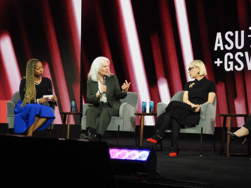 Candace Thille (center), associate professor at the GSE and faculty director of the Adult and Workforce Learning Initiative at the Stanford Accelerator for Learning, speaks at the ASU+GSV summit.