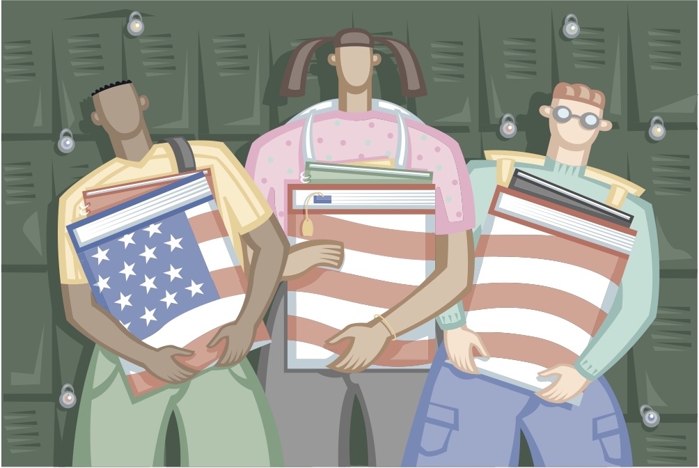 Illustration of students holding textbooks with American flag on them