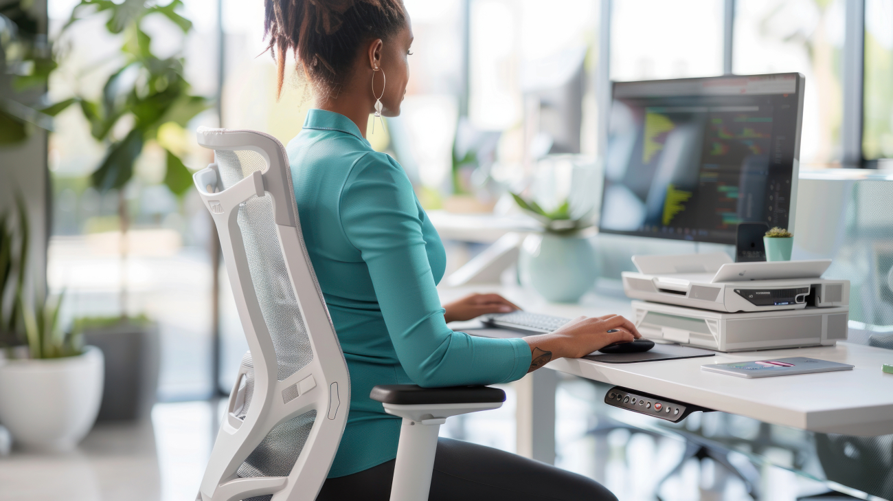 A woman sitting a t a desk on an ergonomic chair
