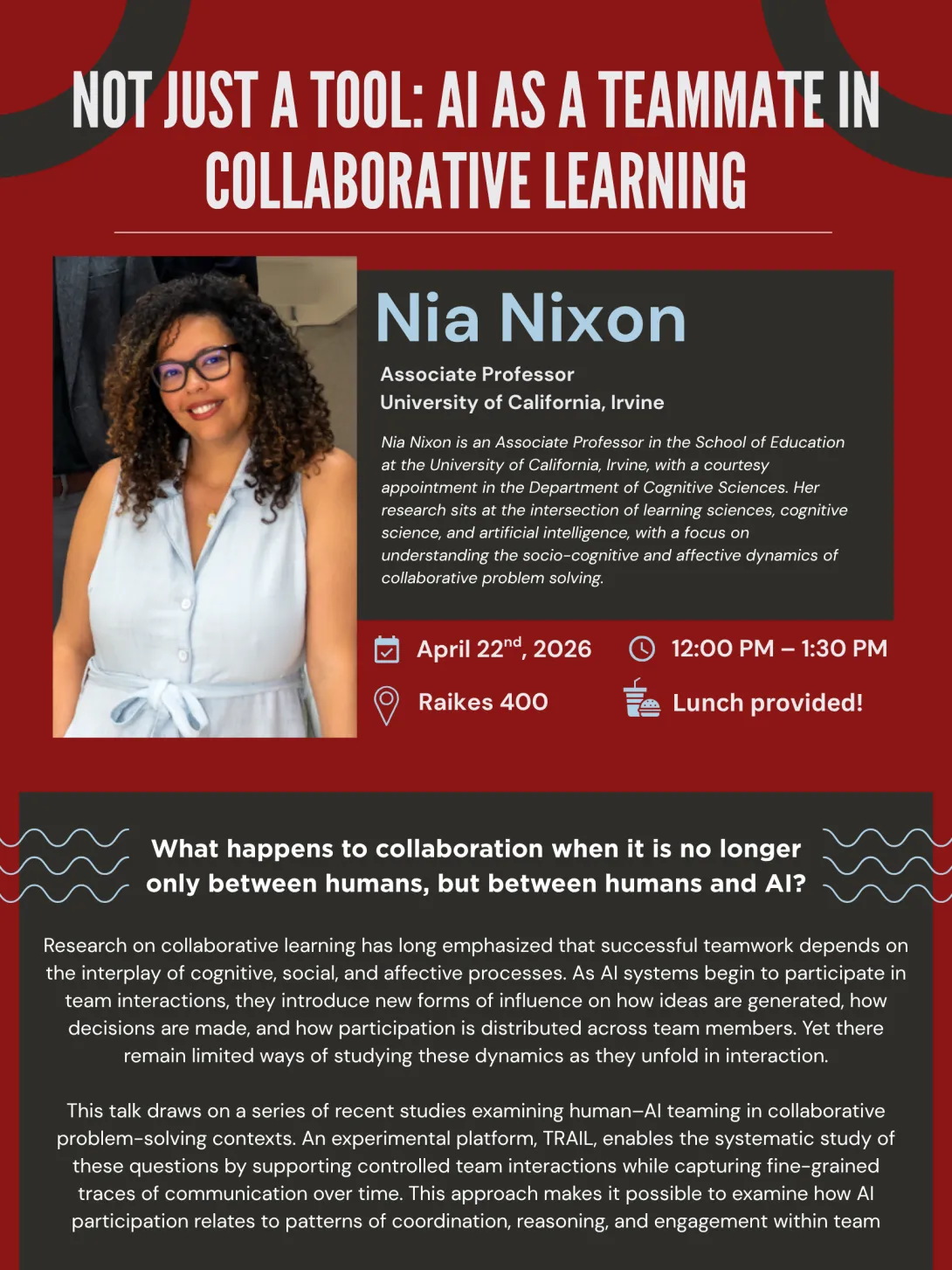 Flyer with event summary, details and a photo of Nia Nixon.