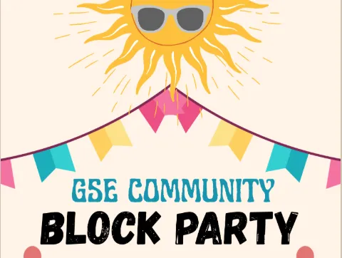 Image with flags and sun that says GSE Community Block Party